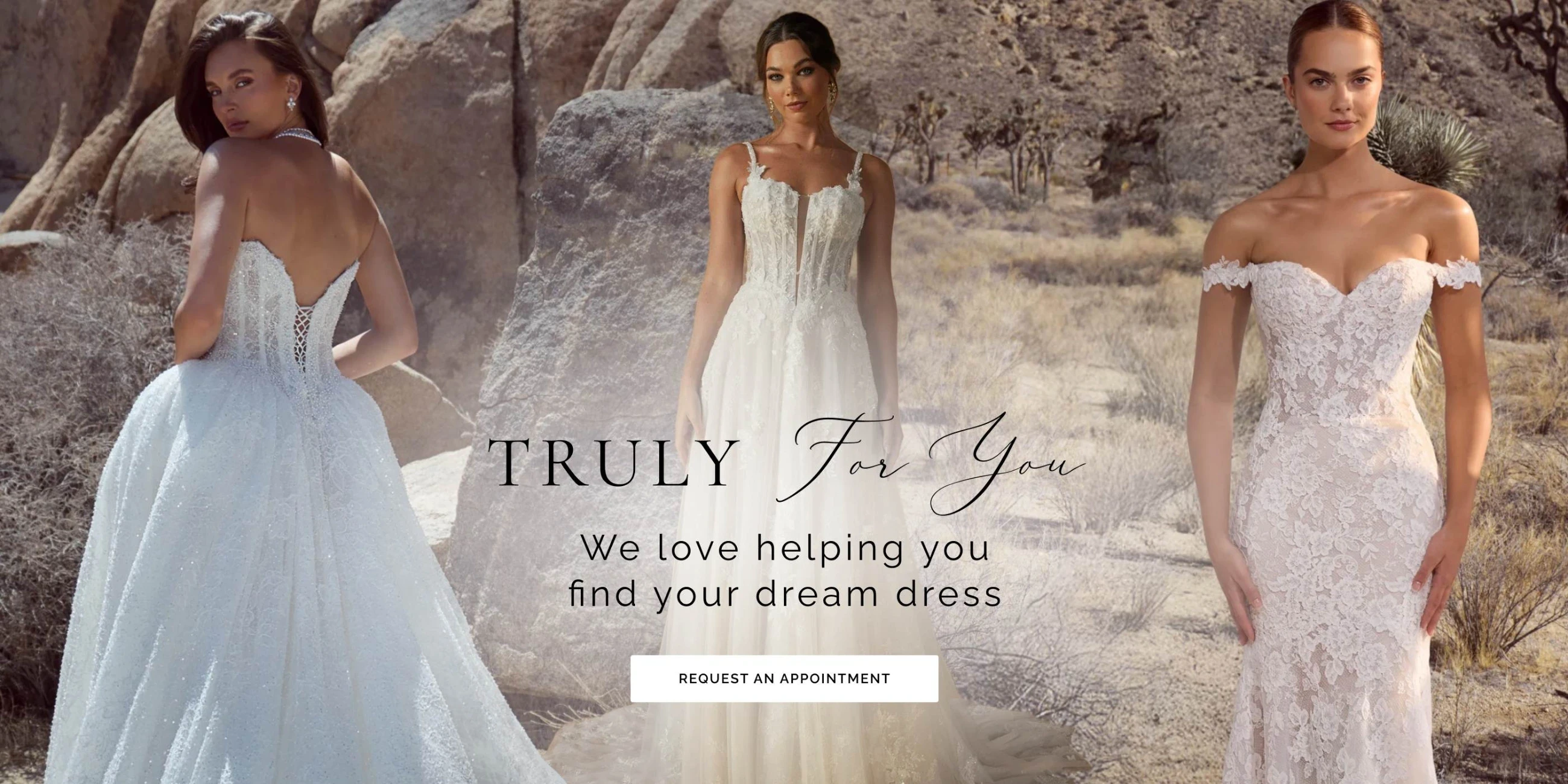 Models wearing Madi Lane and Calla Blanche bridal dresses, desktop banner