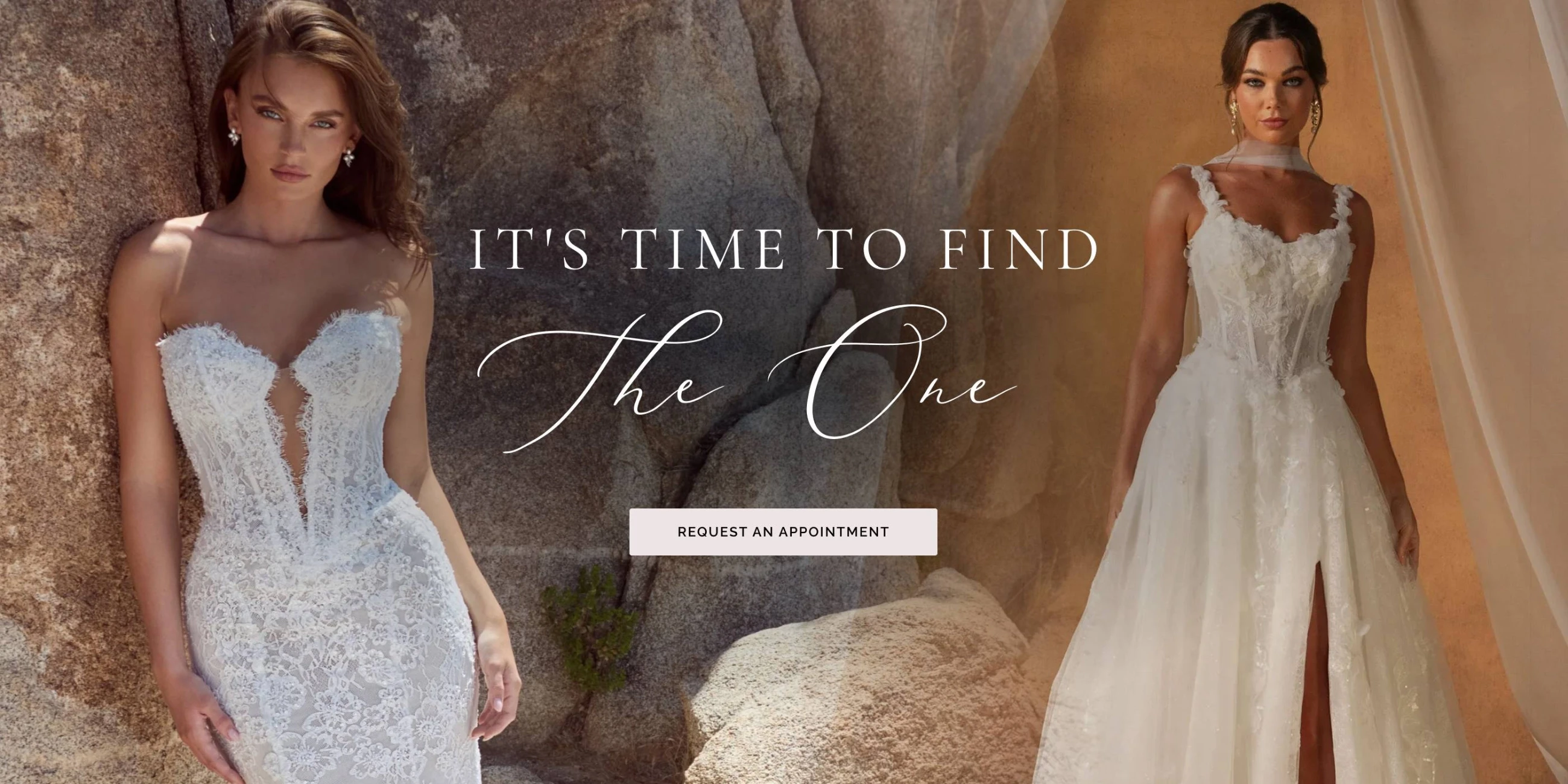 Models wearing Calla Blanche and Madi Lane bridal dresses, desktop banner